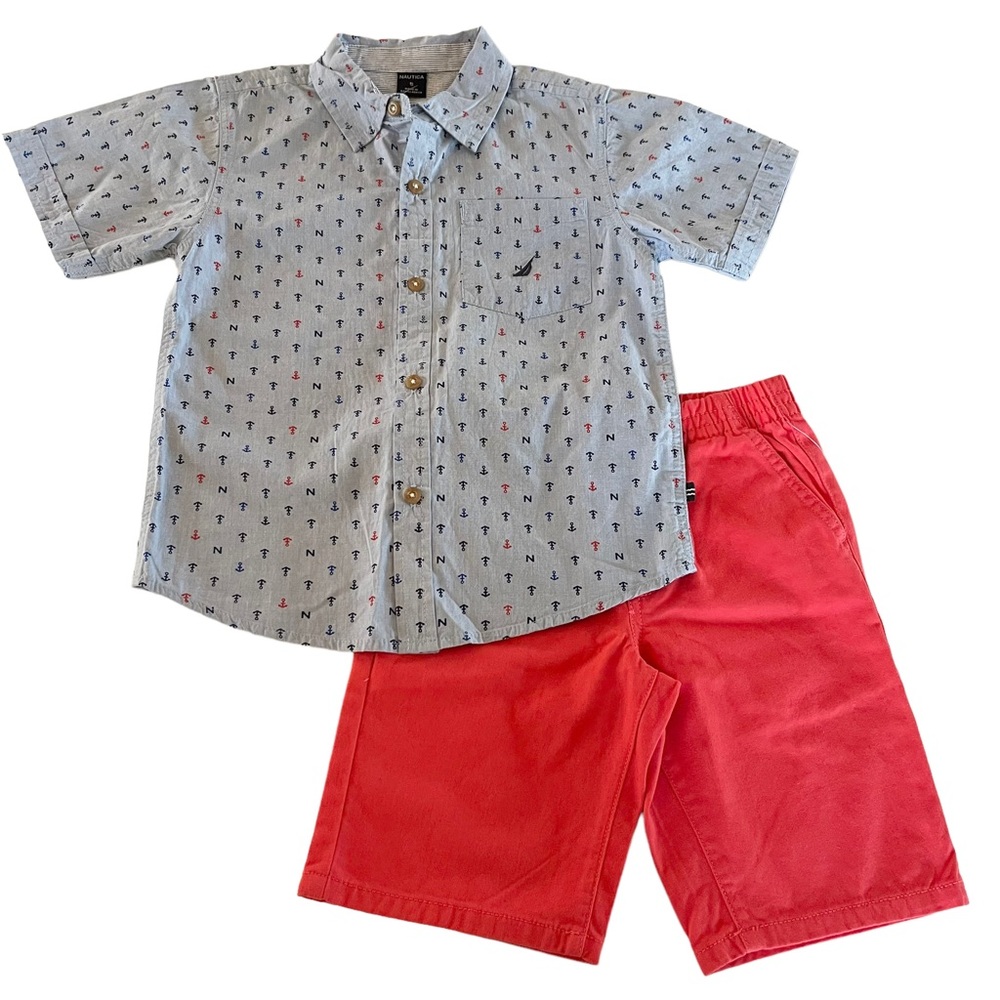 Nautica‎ Boys 2pc Anchor Nautical Button Down Short Slv Shirt Short Set Sz 5 NWT